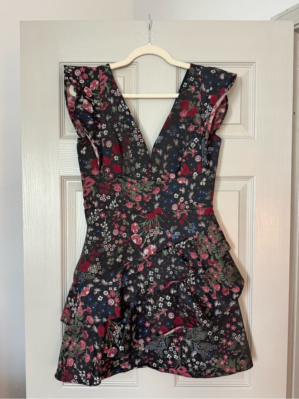 Monique Lhuillier Black Mini Dress with Red & Pink Floral